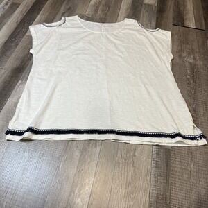 Lands End Top‎ 1X Plus Size White Tee Shirt With Blue Fringe Sleeveless